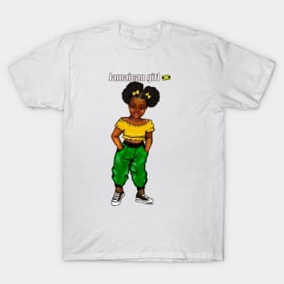 Jamaican girl 2 with colours of Jamaican flag in black green and gold inside a heart shape T-Shirt